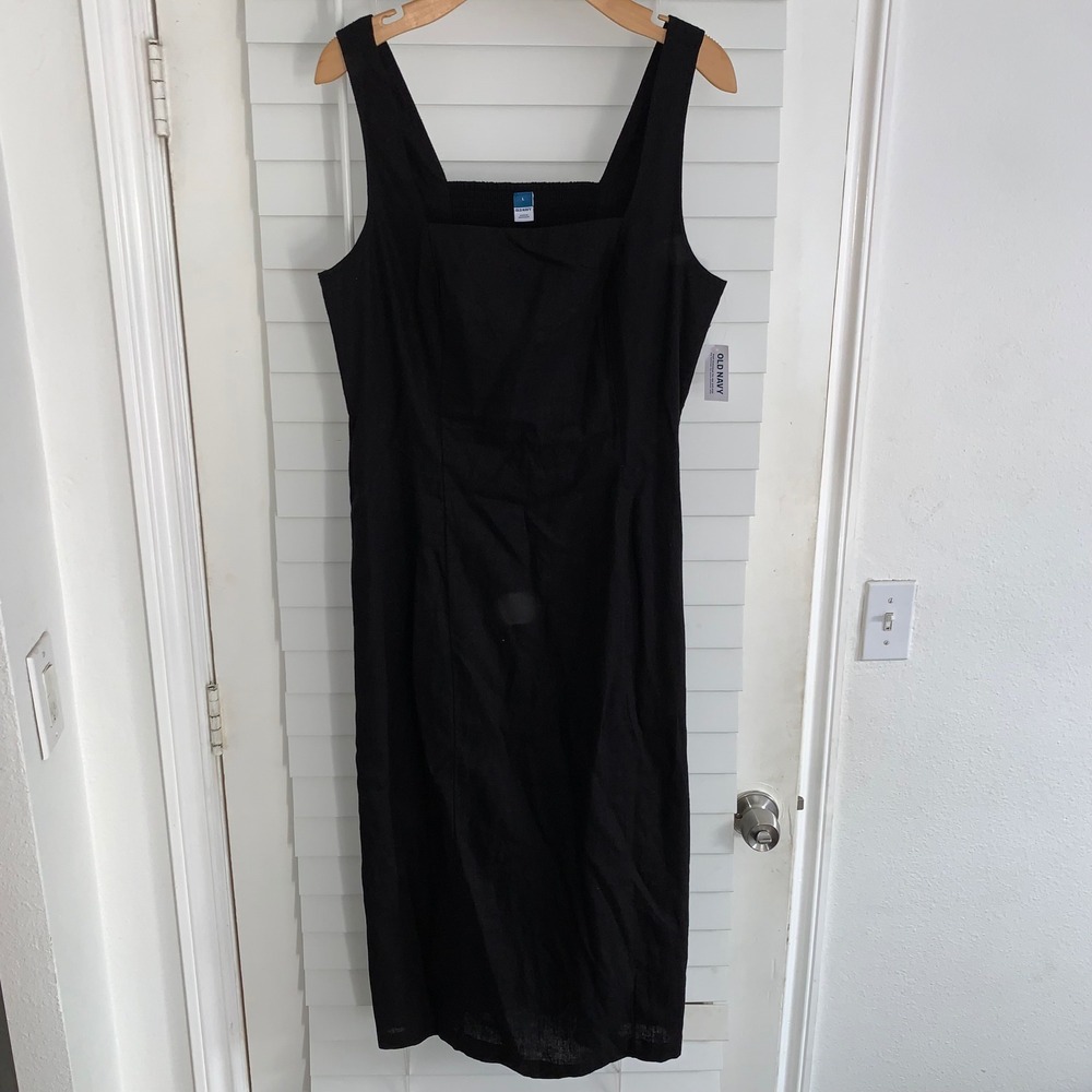 Old Navy Womens Black Linen Blend Square Neck Smocked Back Midi Dress Large NEW